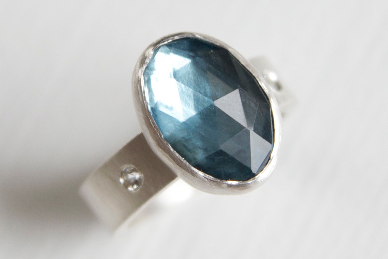 Faceted London Blue Topaz Sterling Ring with White Sapphire Accents