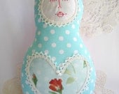 Made to order -  Russian Matryoshka Babushka doll - aqua polka dots fabric