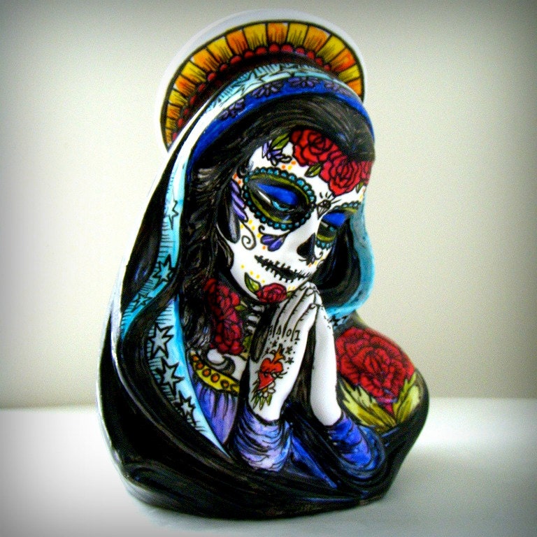 Ceramic Planter Tattoos Day of the Dead Sugar Skull Mary Vase Painted Sacred Heart Mexican Folk Art Dia De Los Muertos
