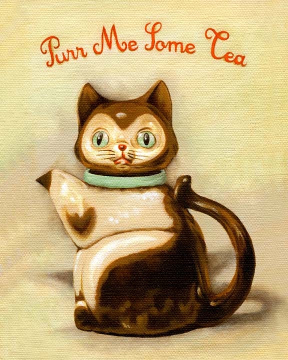 Kitchen Art, Art Print, Home Decor, Vintage Kitchen, Cat Teapot, Hand-Lettered Typography, Cute, Whimsical - Purr Me Some Tea 8x10
