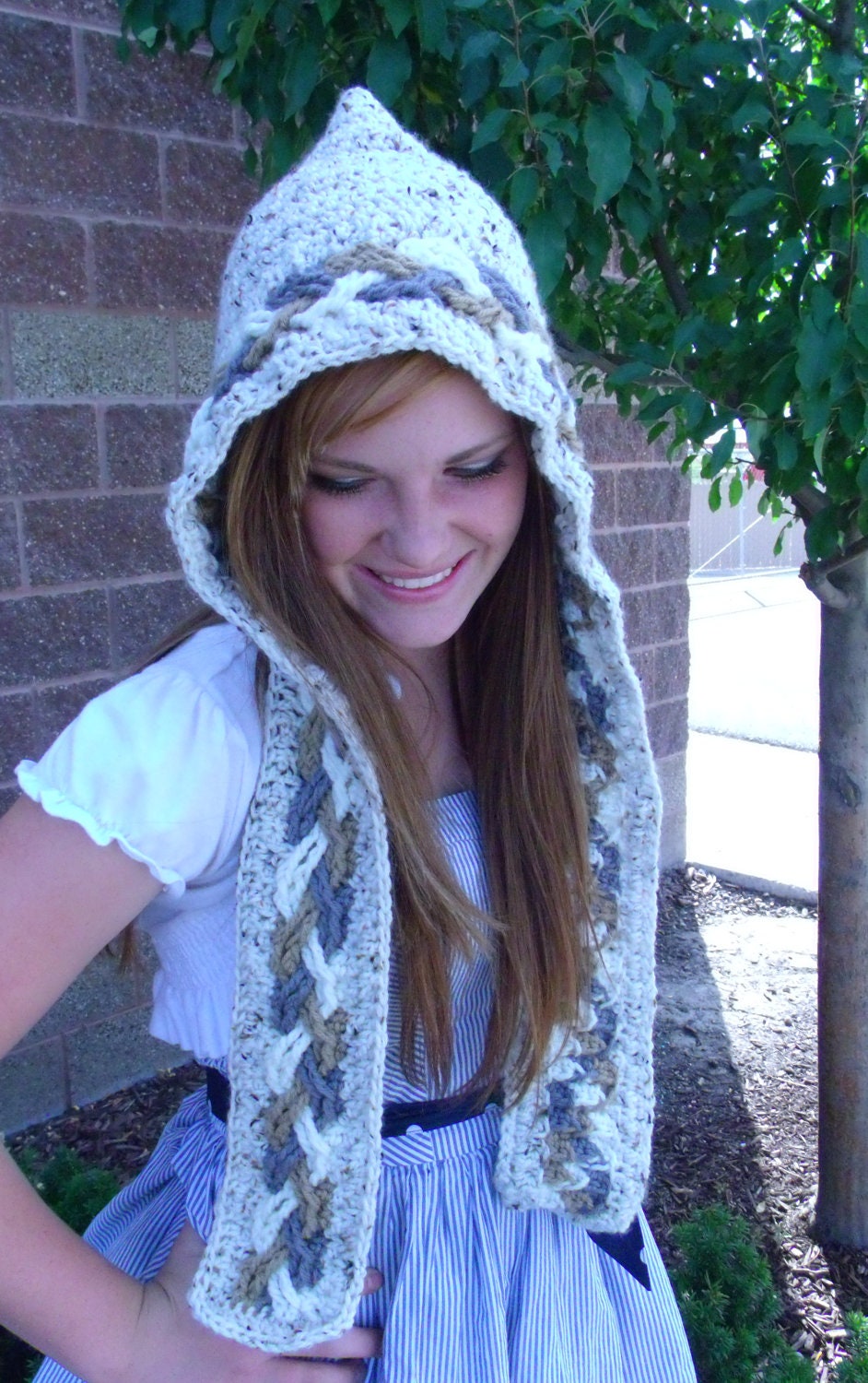 CLEARANCE SALE - Tri Color Braided Cable Crocheted Scoodie / Hoodie / Pixie hat with scarf in Oatmeal, Off White, Grey, and Taupe