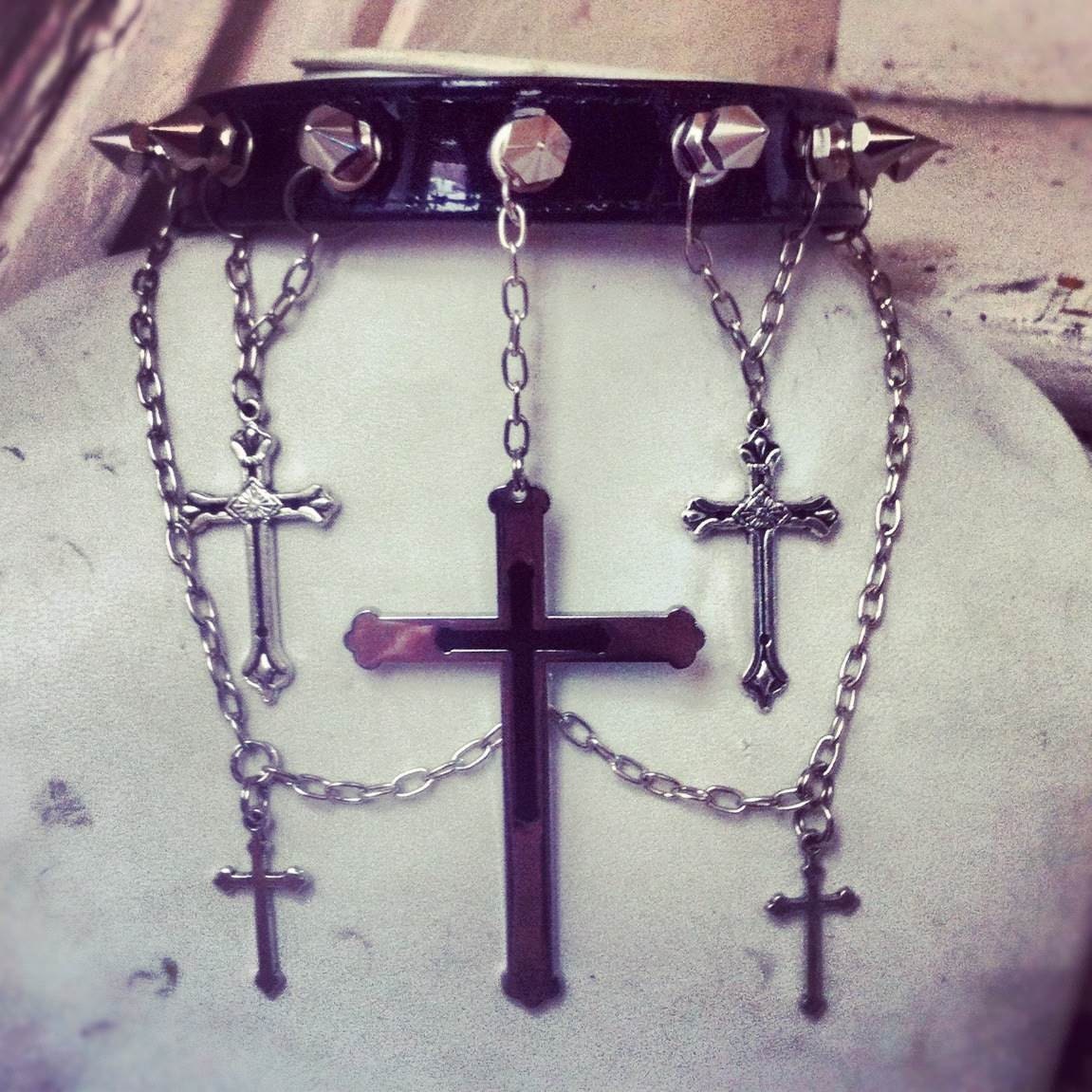 Dogma Cross Charm Choker Collar Leather and Chains