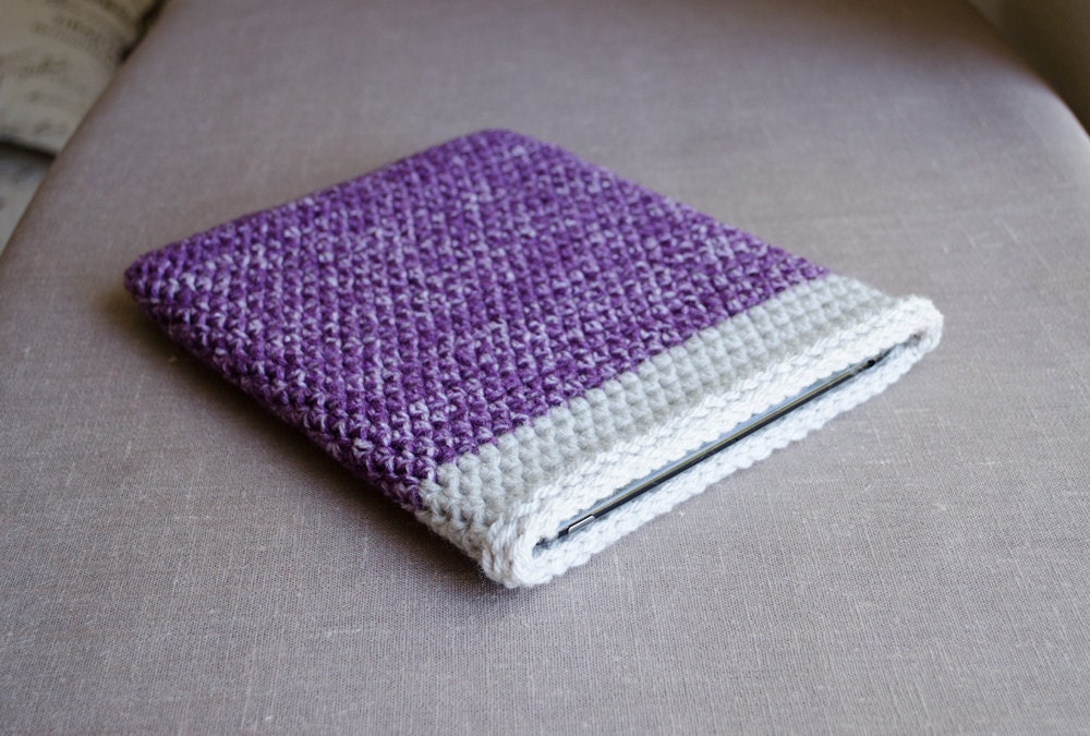 Crochet iPad Case - iPad Sleeve - iPad Cover - Purple White Grey Gray Linen - Tablet Case - Neutral