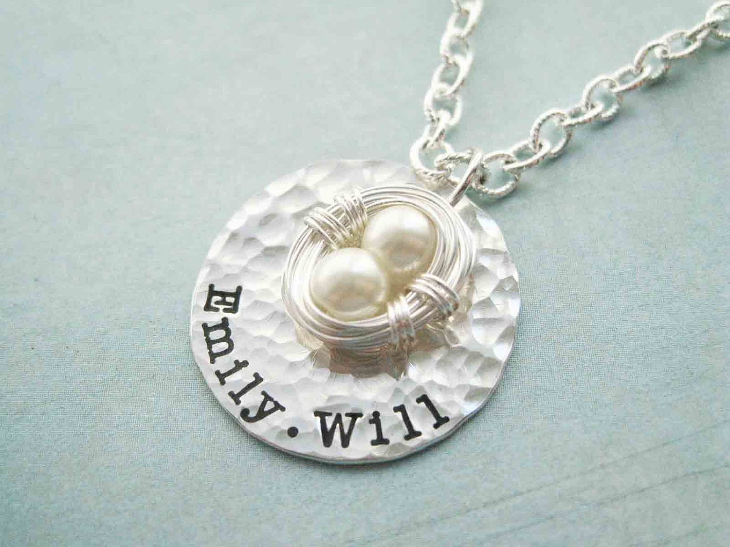 Sterling Silver Two Egg Nest Mother's Necklace - Nest is More 2 Eggs - Pearls children stamped mom mother custom