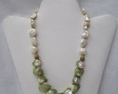 Mother-of-Pearl Beaded Necklace with Twisted Green Italian Wire Lace Ribbon