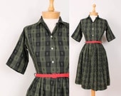 1960s Day Dress / Full Skirt Olive Green & Black Floral Checkered Full Skirt Shirtwaist - Womens XS - Short Sleeve Knee Length 60s Handmade