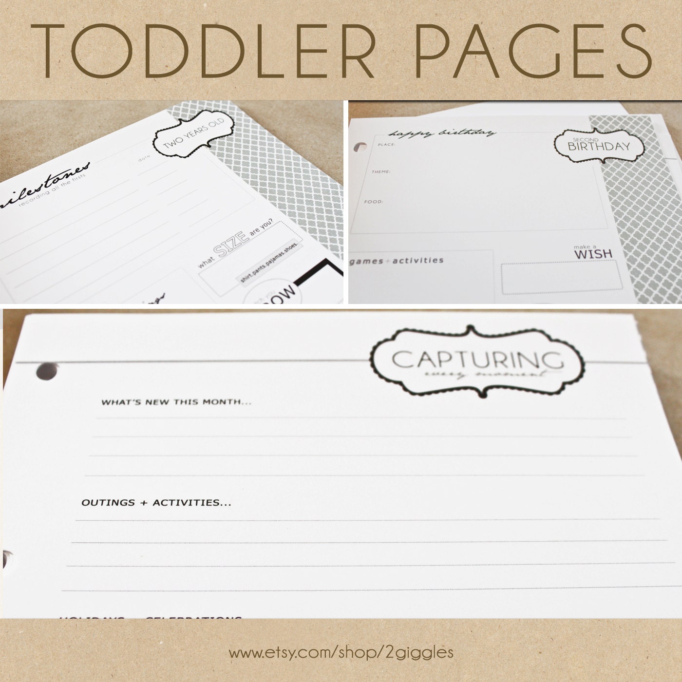 Toddler Keepsake Pages (GREY) - includes 12 months to 5 years (56 designed journaling pages to add to any of our baby albums)