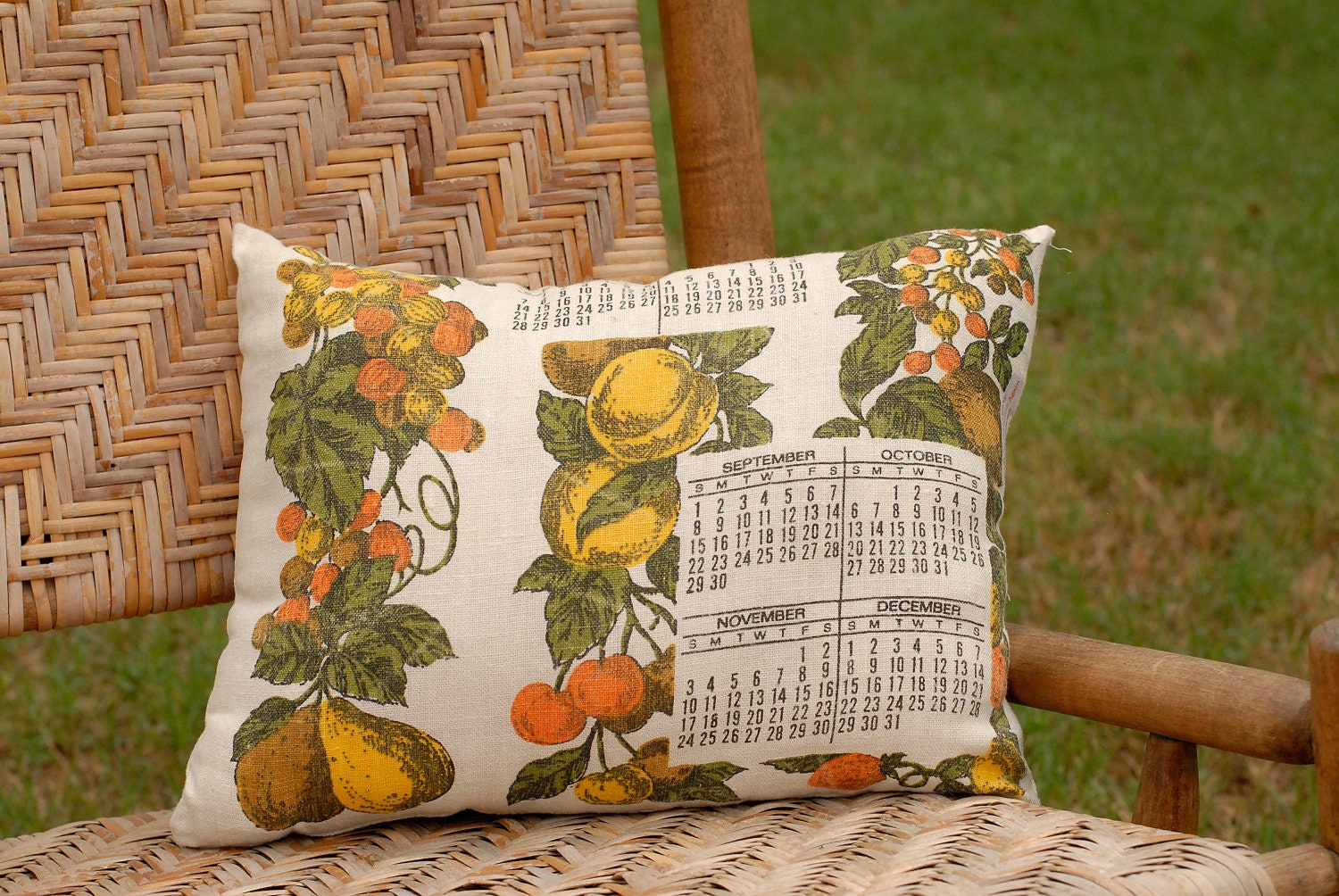 1974 Vintage Linen Tea Towel Calendar Pillow-fall fruits