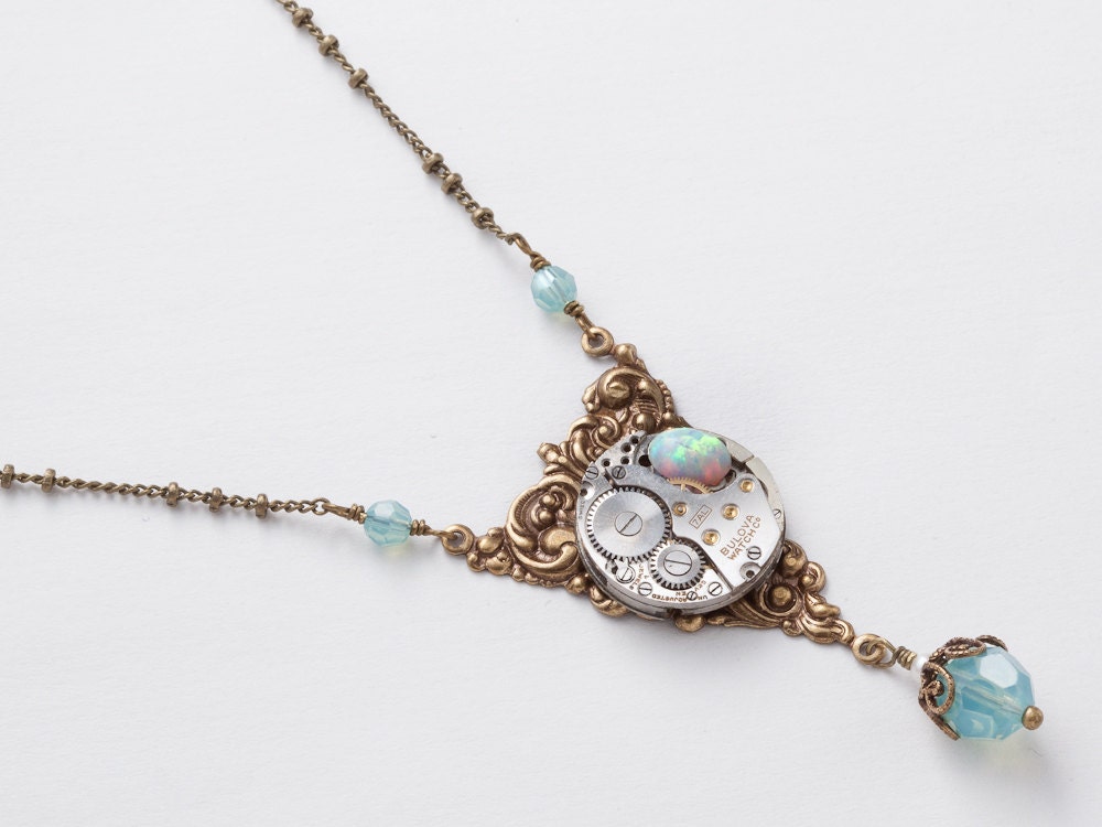 Steampunk Necklace Vintage silver watch movement blue crystal genuine opal gold filigree leaf Neo Victorian jewelry by Steampunk Nation 1698