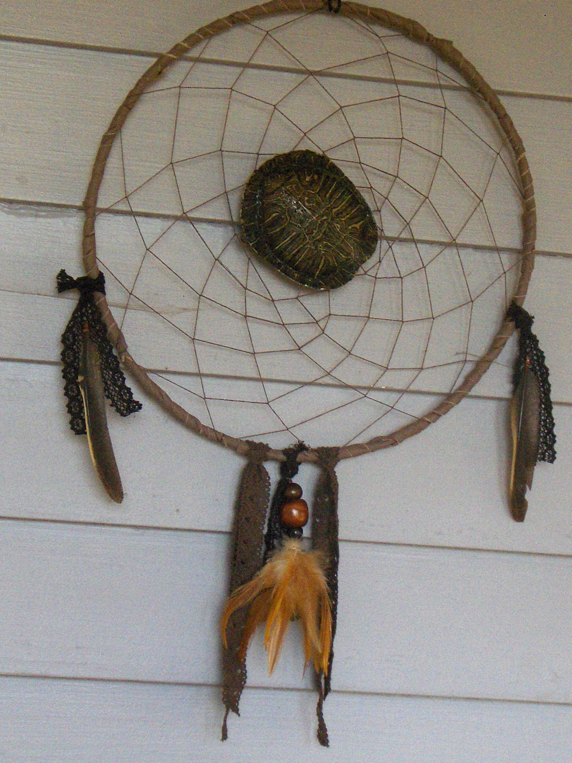 Dreamcatcher : Wandering Spirit Chelonian . Rustic Autumn Genuine Turtle Shell, Deer Leather, Old Lace, Wood and Feathers.