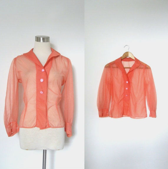 1950s Blouse / 50s Sheer Pink Button Up Top / Lingerie Style (M L)