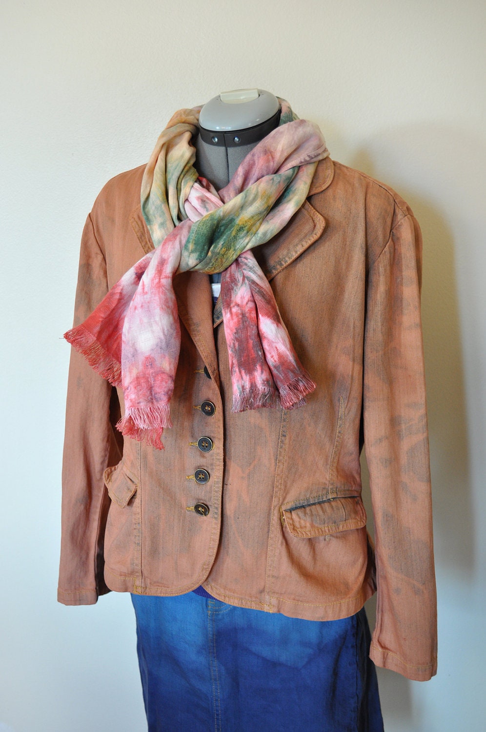 Rustic Dyed Denim JACKET - Salmon Hand Dyed Upcycled Orange St. Johns Bay Denim Jacket - Petite Medium (44" chest)