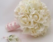 Silk Flower Bridal Bouquet Stephanotis Real Touch Roses Real Touch Calla Lilies with coordinating Groom's Boutonniere