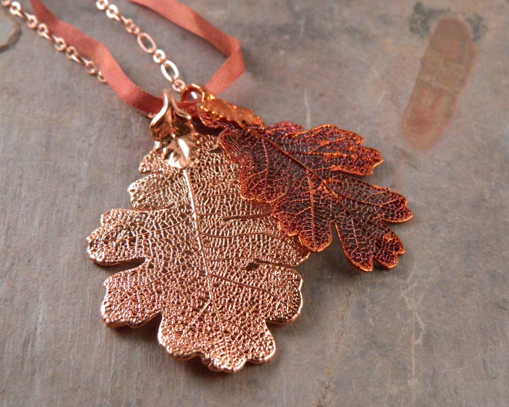 Long Necklace of Copper Plated Real Oak Leaves, Oak Leaf Pendant Necklace on Long Chain, Copper Oak Leaves