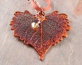 Necklace with Copper Dipped Real Cottonwood Leaf Pendant on Silk and Chain, Copper Plated Leaf, Heart Shaped Pendant