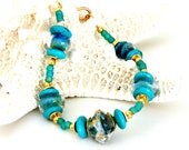 Turquoise & Gold Glass Bead Bracelet. Artisan Lampwork Bead Bracelet. Glass Bead Jewelry. Gifts for Mom.