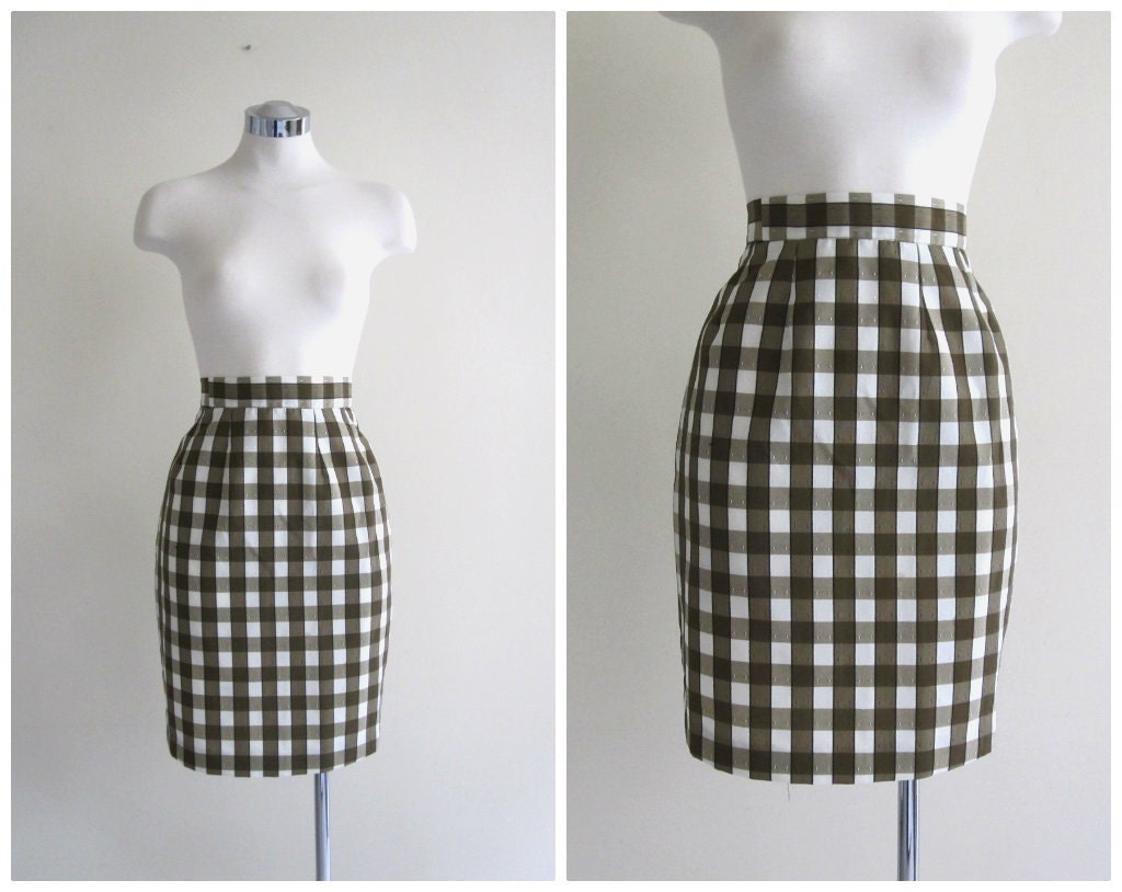 SALE Vintage 1960's Pin Up Skirt // Green and White Pencil Bow // xs - s
