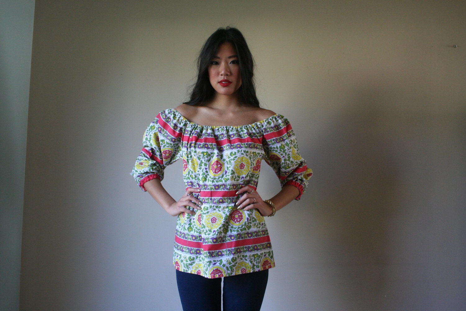 60s Off the Shoulder Blouse // Psychedelic Floral Top // Haute Hippie // Woodstock // Balloon Sleeves Cotton Shirt