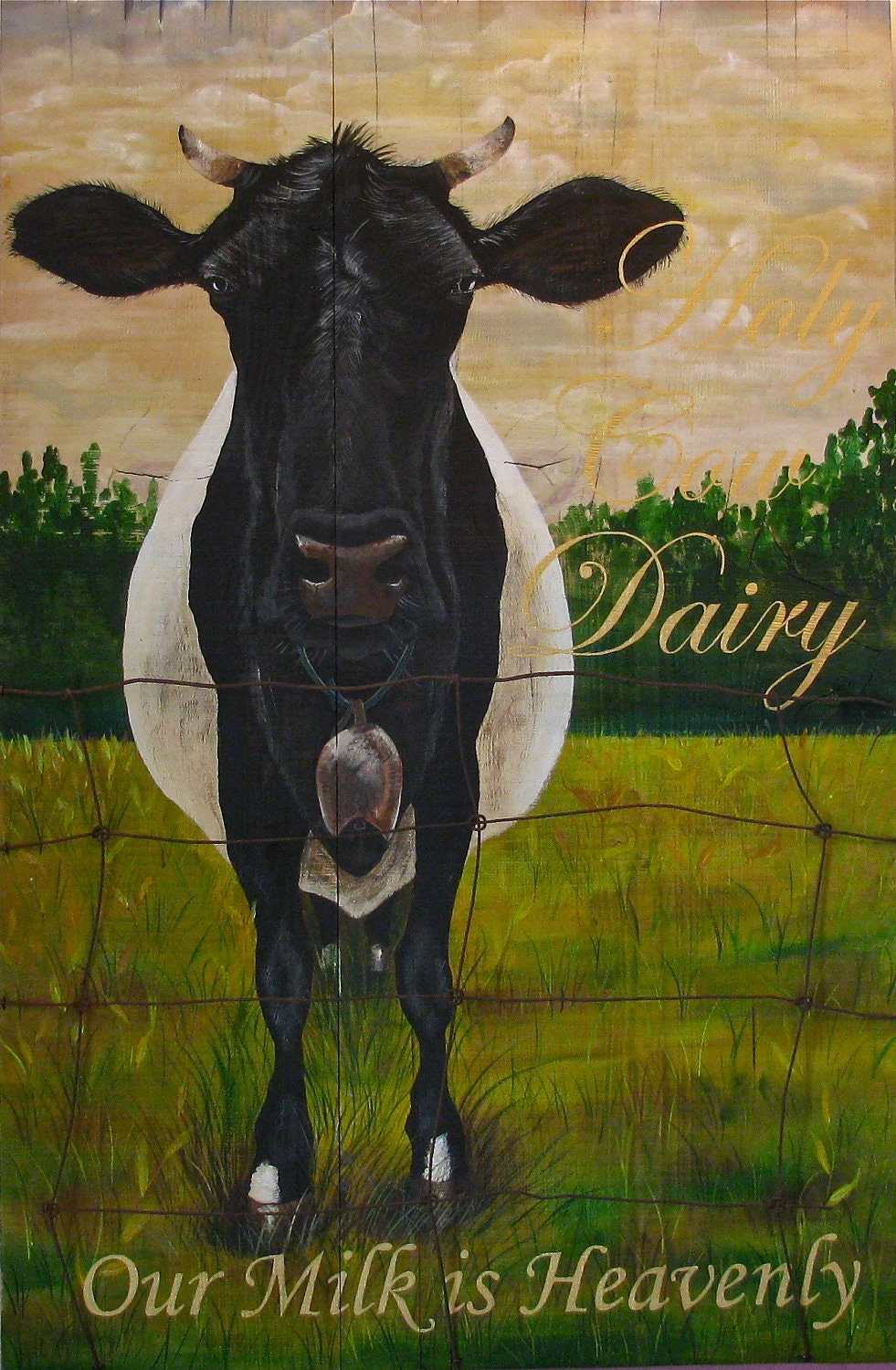 Cow, original acrylic painting on reclaimed rustic soid wood board, Holy Cow Dariy