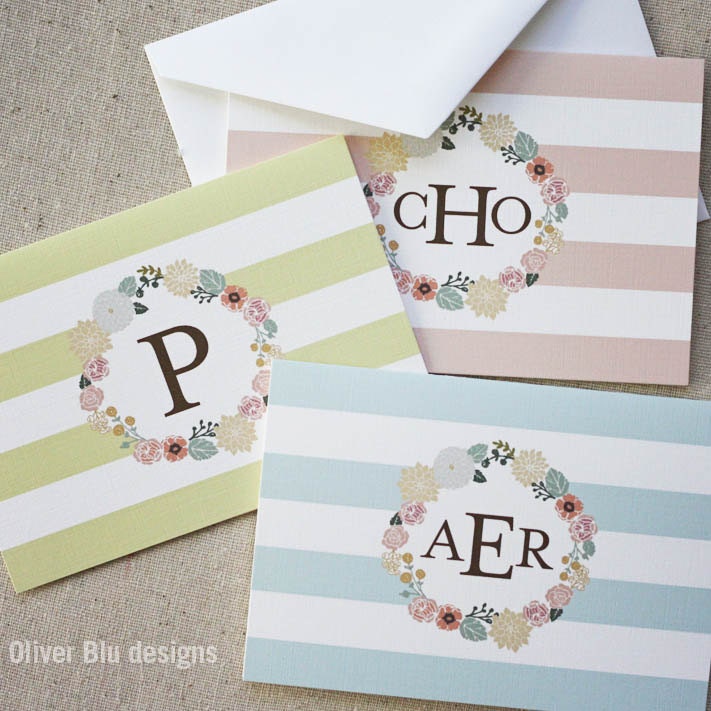 Monogrammed Floral Wreath Notecards in Aqua - Set of 10 fold-over cards
