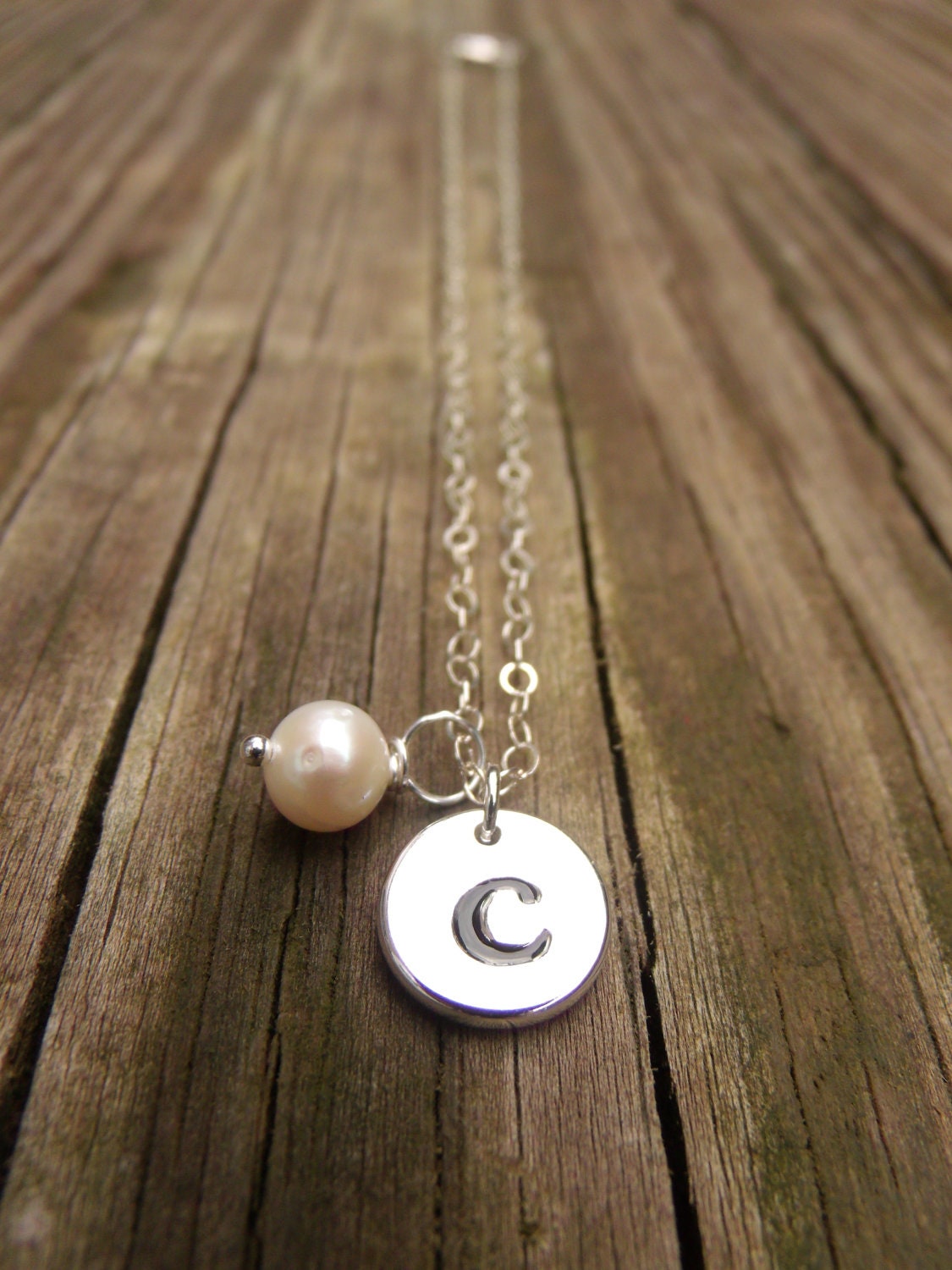 Sterling Silver Initial Necklace . Initial Pearl Drop Necklace