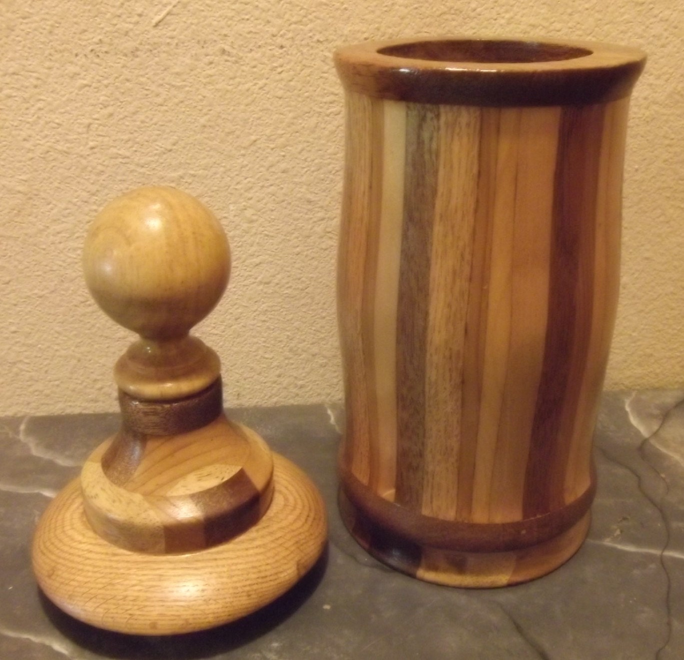 Tall Wood Inlaid Box, Container, Urn, Covered Vase