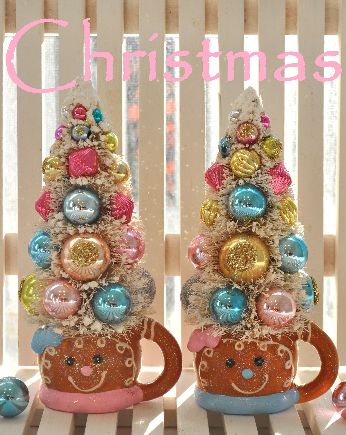 2 Gingerbread Bottle Brush Trees Pink & Aqua Christmas Sugared Bells glass ornaments garland Chic bottlebrush Winter Wonderland black friday