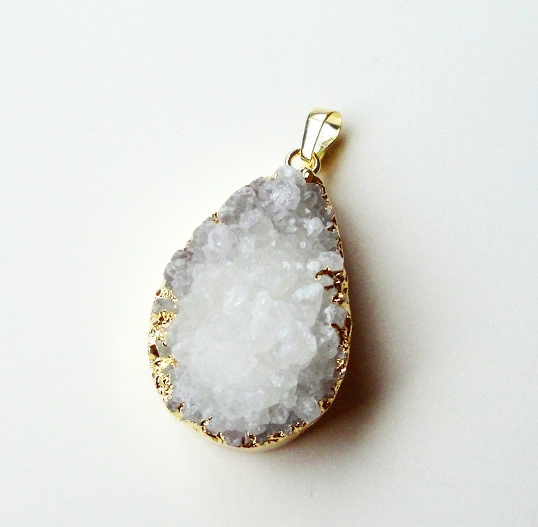 White Druzy Drusy Edged Dipped  in Gold Teardrop Pendant/ Drussy Druzzy Drusy Stone Pendant