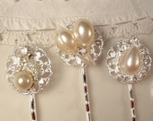 Vintage Couture French Vanilla Ivory Pearl & Crystal Jeweled Bridal Bobby Pins Set of 3