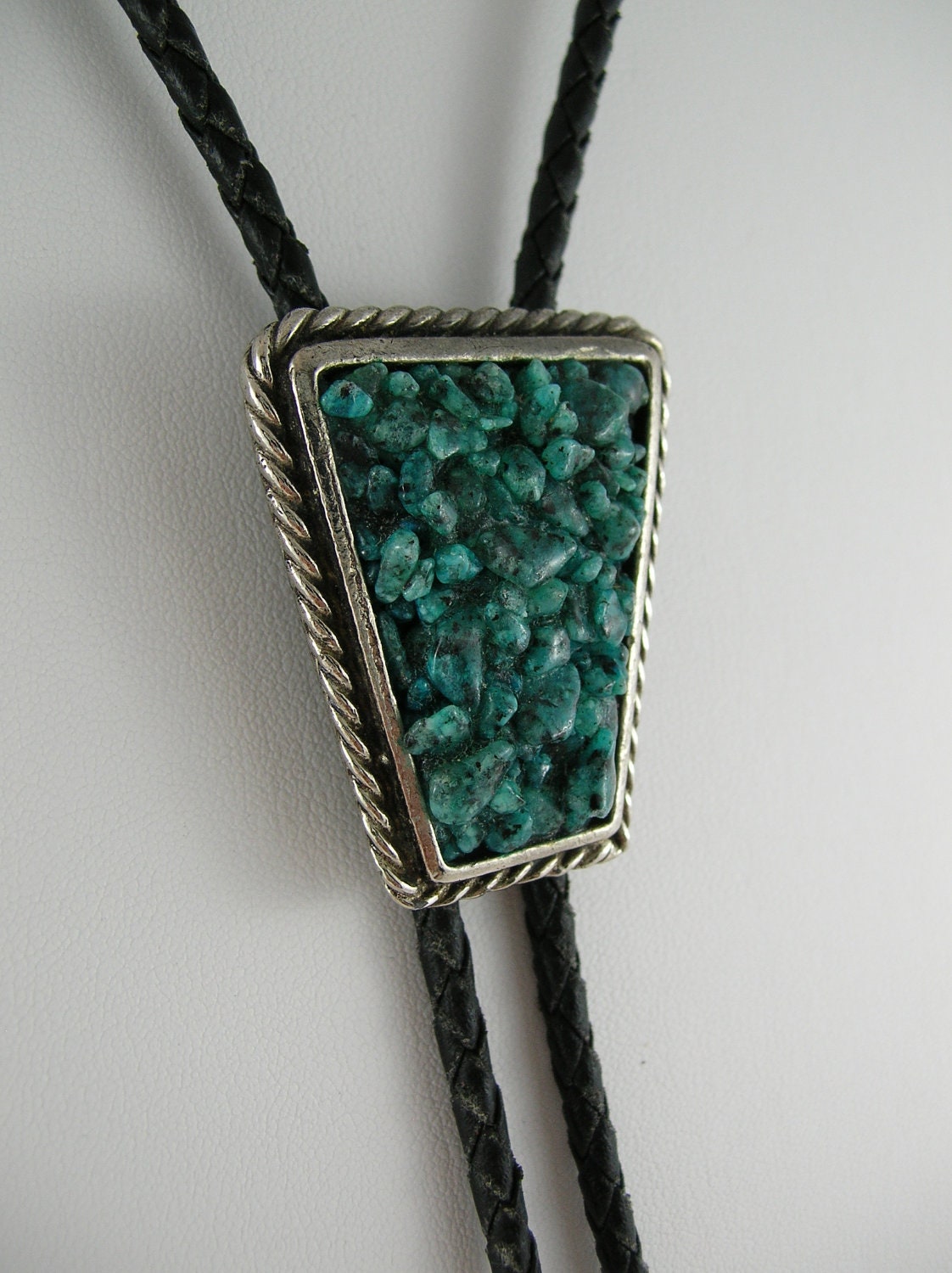 Vintage Southwestern Bolo Native style String Tie Bola American Indian Silver Tribal South Western Inlay Turquoise Chips faux Gem Stone