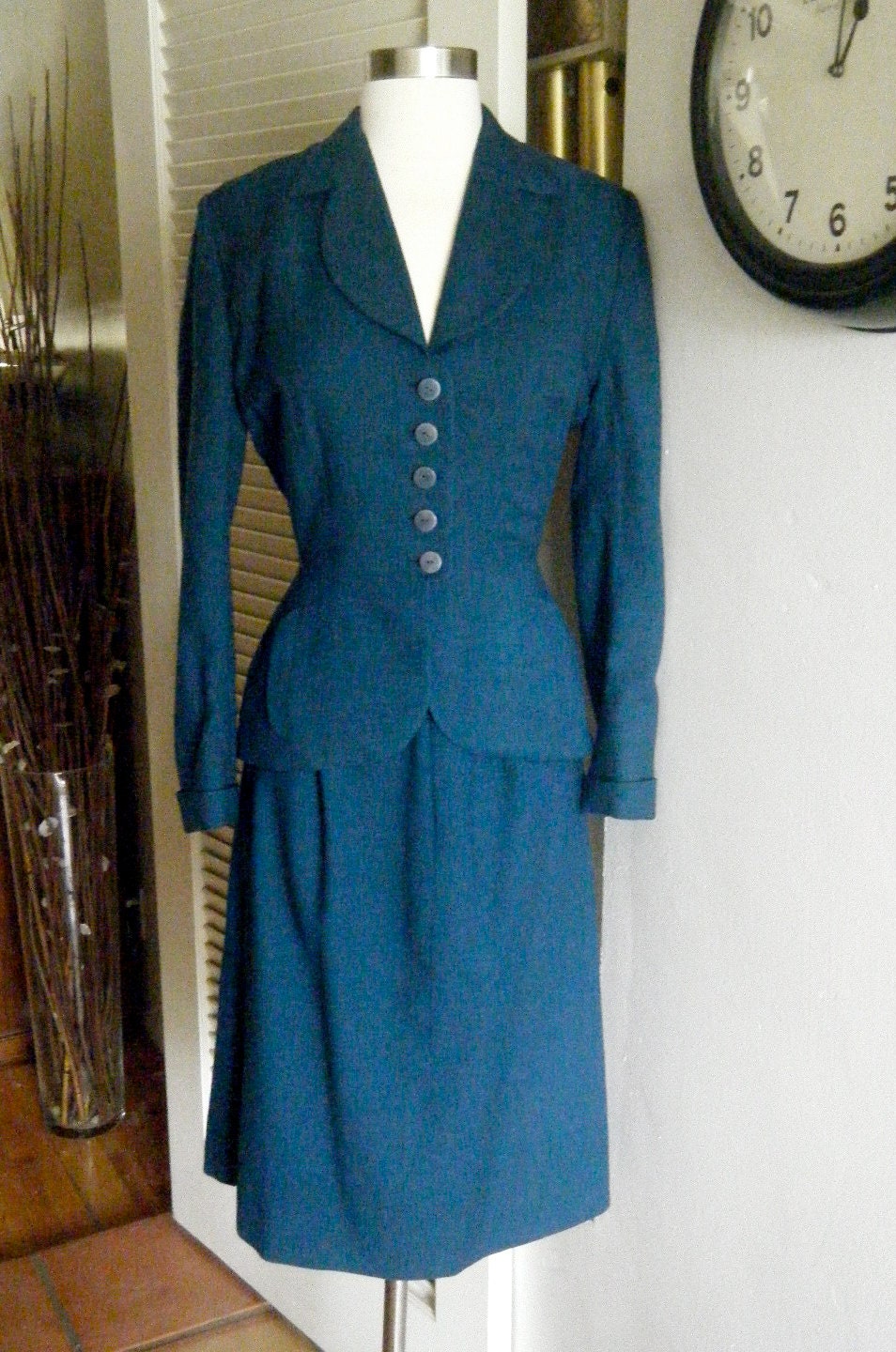 1940s,Spring and Summer Peacock Teal, Lighter Linings, Wool Woman's Suit, Jacket and Skirt, Pinup, Rockabilly, Secretary, Mad Men Style