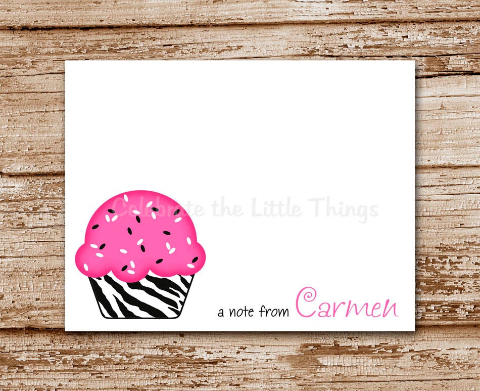 SET of 8 Hot Pink and Zebra CUPCAKE Note Cards : Thank You Notecards, Personalized Stationery Il_170x135