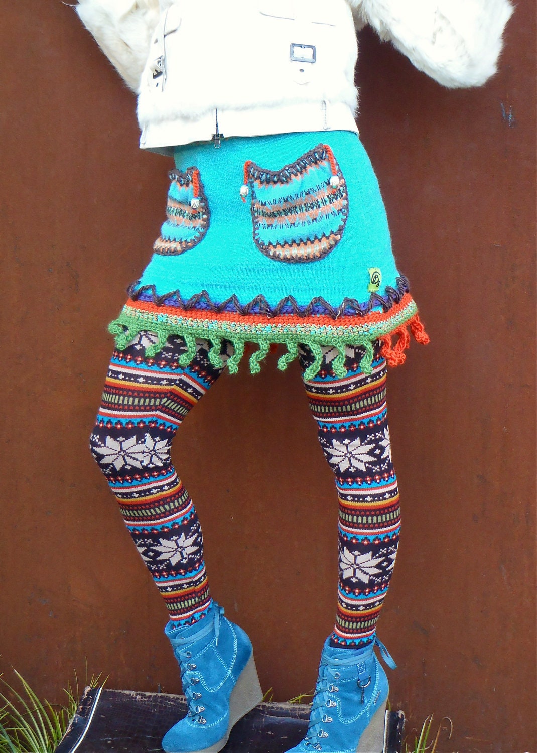 Hippie MINI SKIRT Turquoise sweater skirt Pockets Fairy Fringe pixie mini skirt Funky skirt crochet eco friendly unique