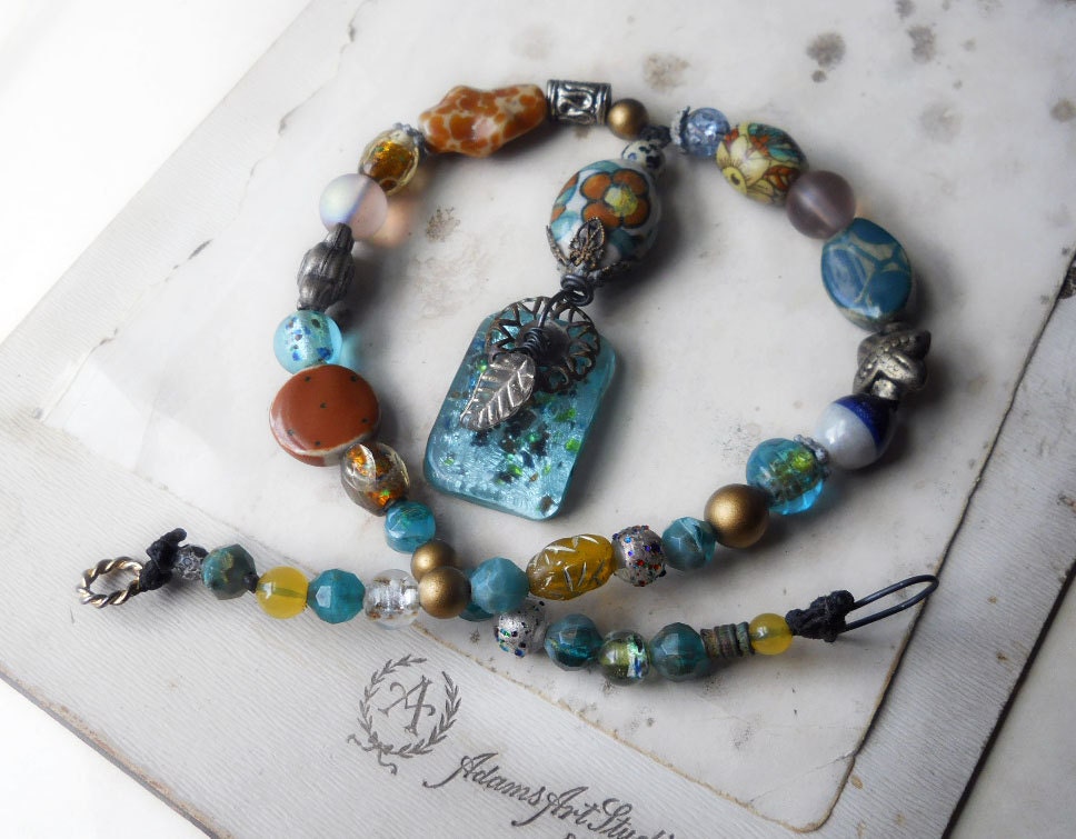SALE - Beaded Necklace - Blue and Brown - Assemblage Pendant - Clay, Glass, Ceramic , Vintage Plastic - Rustic Beaded Necklace