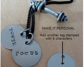 POWER - mens unisex custom personalized long layered silver stamped tag, miniature barbell hardware charm & black chain NECKLACE
