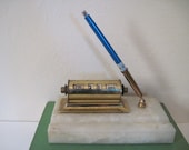 vintage 1940s Brass Perpetual Calendar and Pen Holder on Milky Quartz Marble Base -  Paperweight