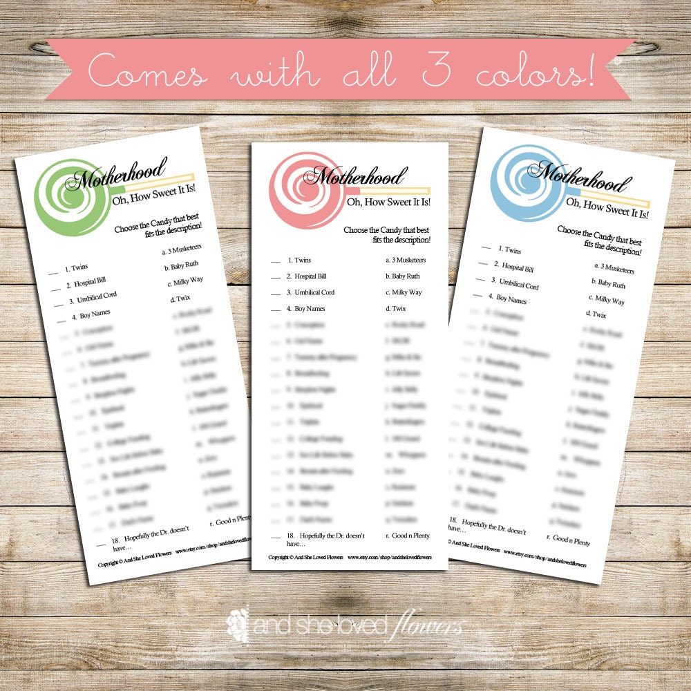Baby Shower Game - Printable in Pink, Blue, Green - Motherhood, How Sweet it is