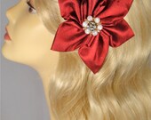 Red Raw Silk Hair Flower, repurposed Vintage & Jewelry