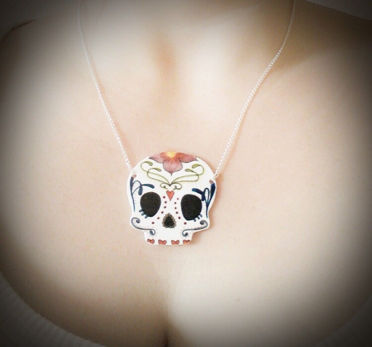 Skull Necklace Day of the dead Necklace Sugar Skull Necklace Halloween Necklace Floral Skull Necklace