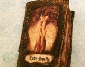 Love Potion Spells Book Miniature, Ancient manuscript w "Dragonskin" leather bound cover, illustrations and Olde English Script,1.5 x 1.2"