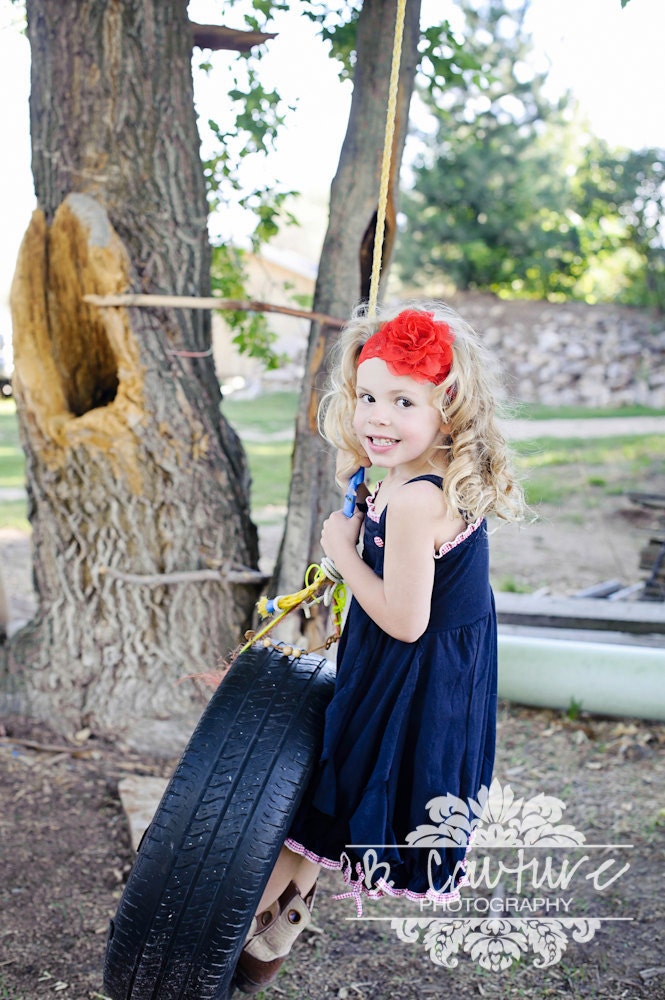 Red Chiffon and Lace Big Flower Headband on Wide Red Lace Headband. Perfect for Photoshoots from Newborn to Toddler.