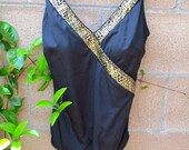 vintage black gold one piece swimsuit - roxanne - size 14 38C