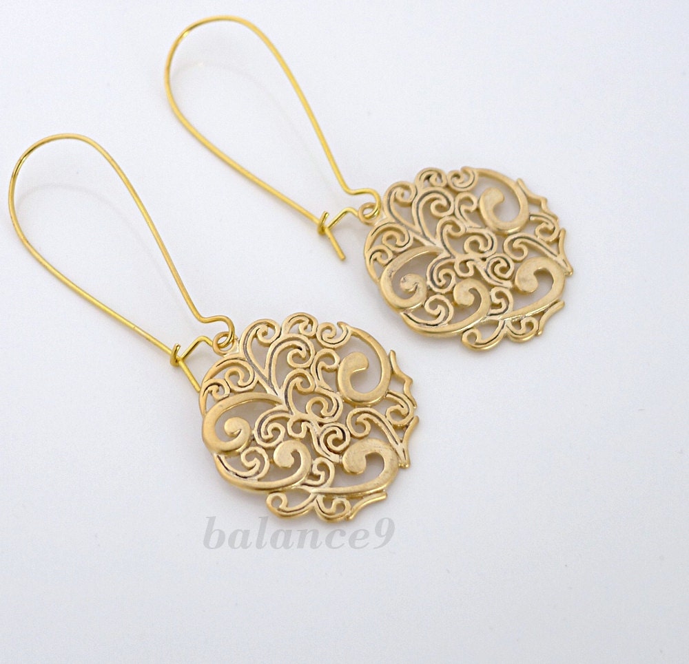 Gold earrings, filigree spray pattern disc charm drop kidney dangle, bridesmaids gift, wedding, everyday jewelry, by balance9