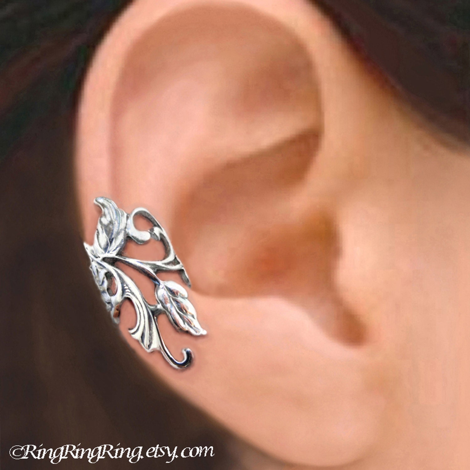 925. Poppy Flower Leaf - Sterling Silver ear cuff earring jewelry - non pierced earcuff clip 061613