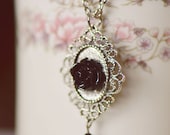 Little Ida's Silver Filigree Rosebud Charm Necklace (Black)
