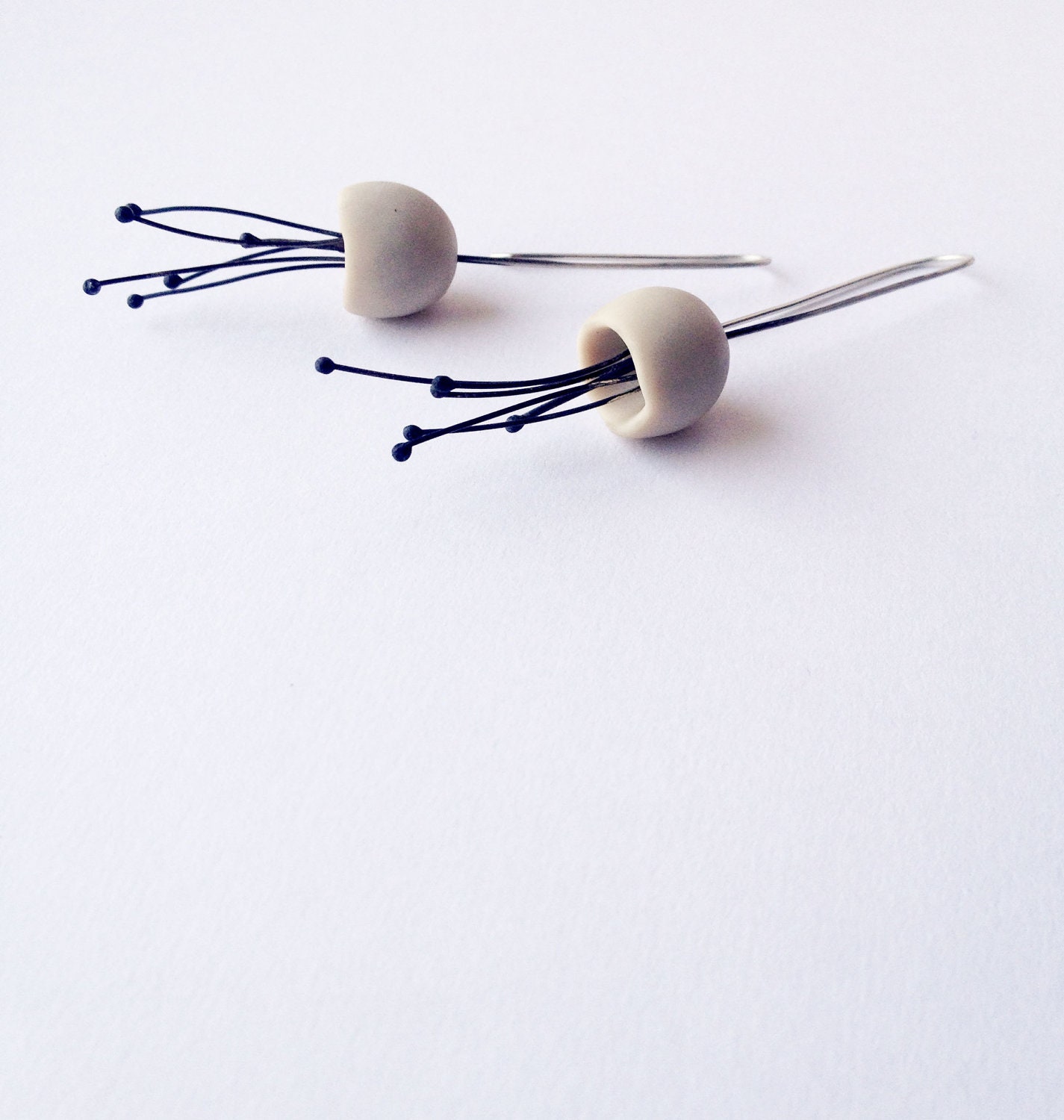 minimalistic bell flower polymer clay earrings with multiple stymones in off white colour, made to order