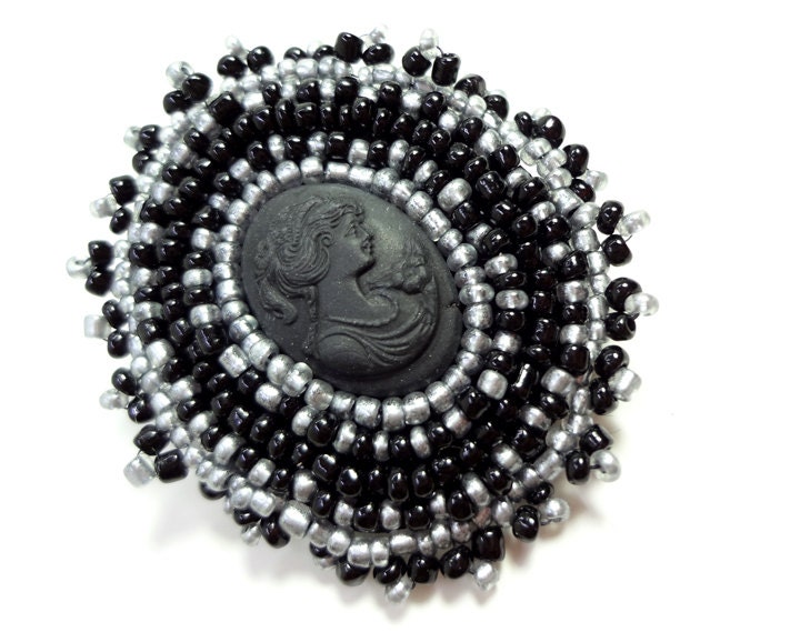 Dark Silver and Black Cameo Brooch - Beaded Pin - MegansBeadedDesigns