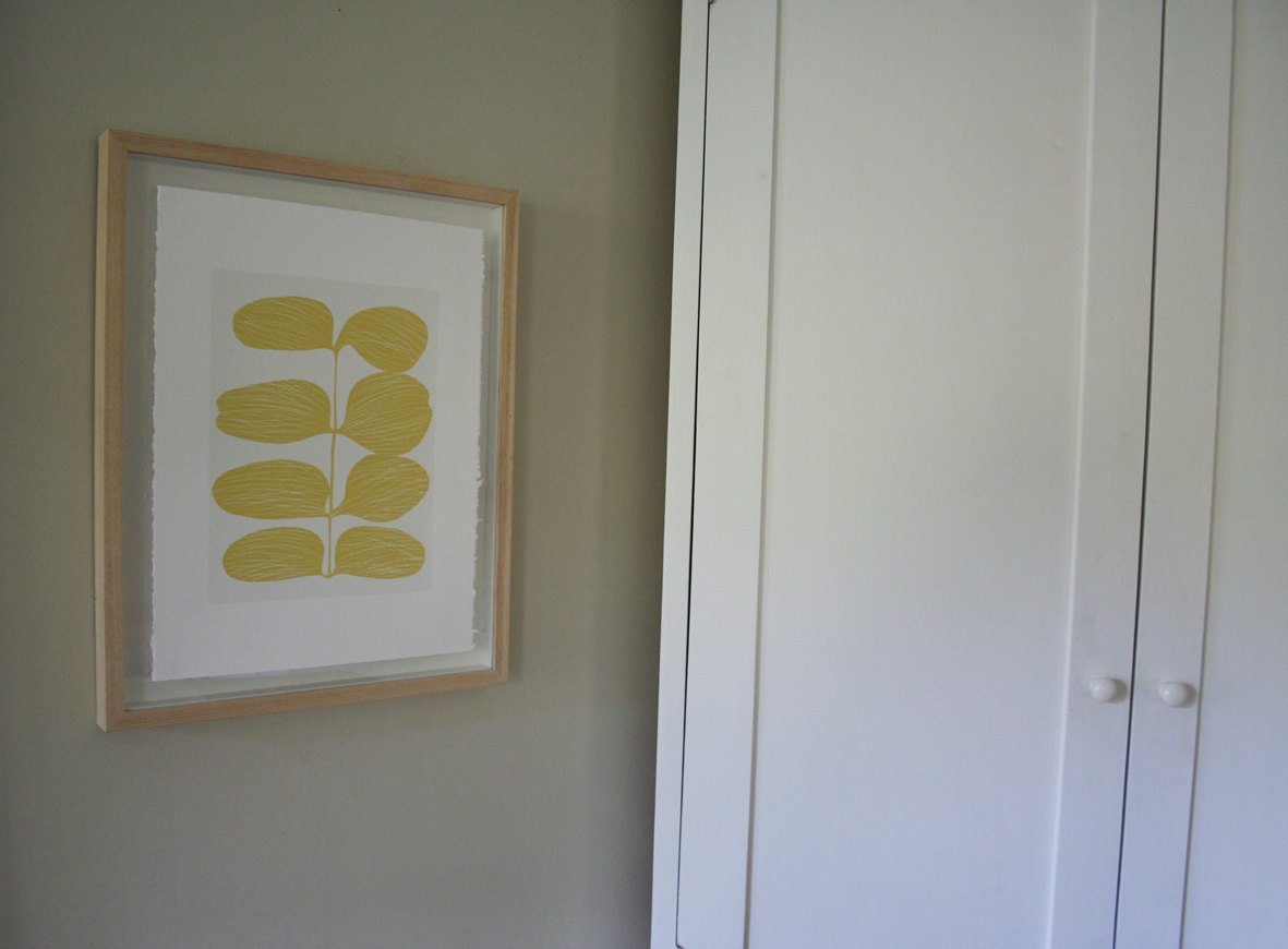 Yellow Leaves, handmade leaf design original screenprint inspired by the fifities and lucienne day.