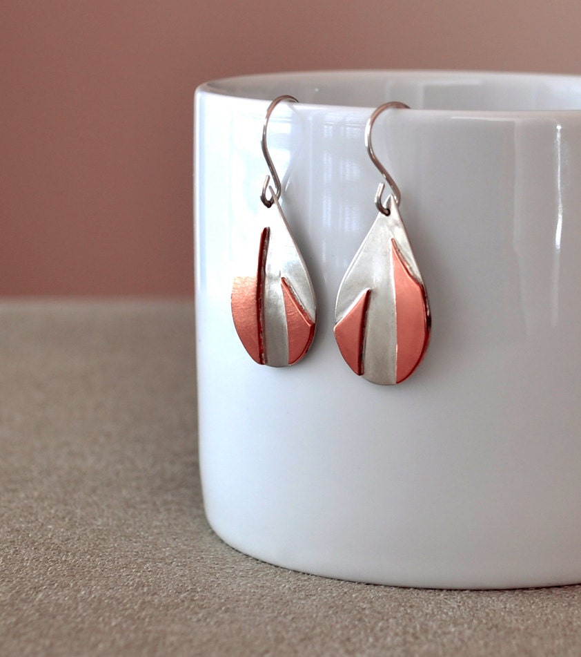 Mixed Metal Silver and Copper Teardrop Earrings Metal Jewelry "Flame" Earrings