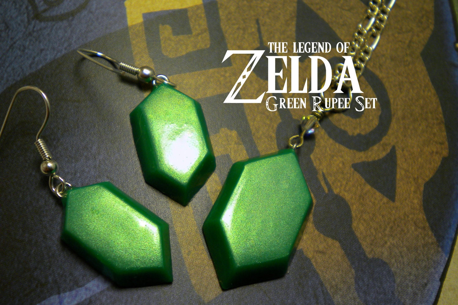 Green Rupee Necklace and Earring Set (Dangle or Post) - Legend of Zelda - Nintendo - A Portion of the Proceeds Go To Charity